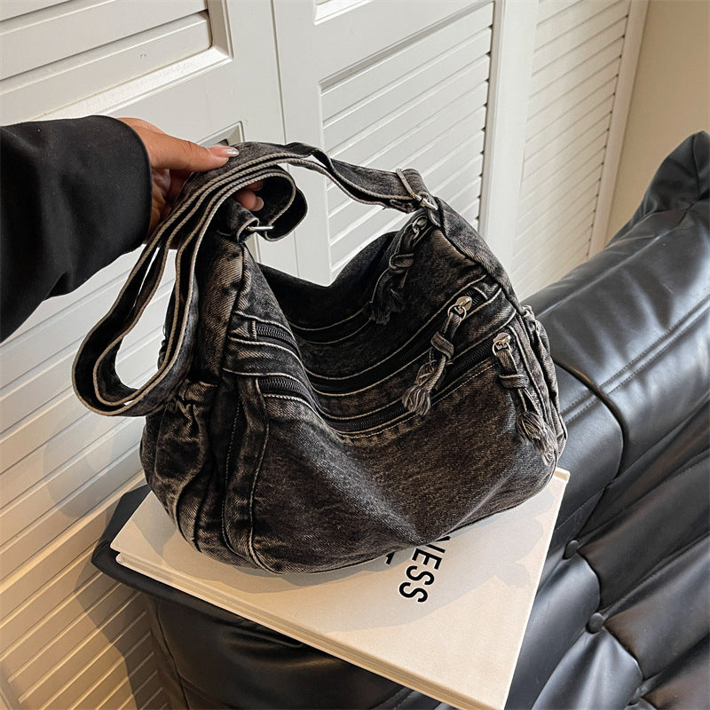 Casual Denim Shoulder Bag Japanese Harajuku Style Canvas Bag for Women 2026 New Large Capacity Simple Crossbody Bag