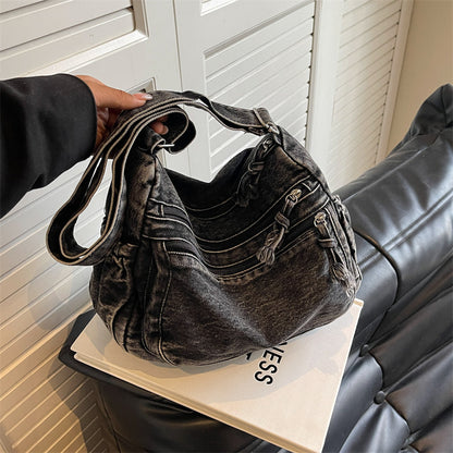 Casual Denim Shoulder Bag Japanese Harajuku Style Canvas Bag for Women 2026 New Large Capacity Simple Crossbody Bag