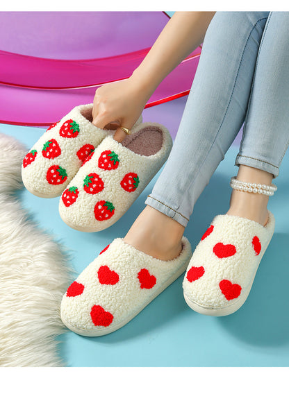Autumn and Winter Home Cotton Slippers for Women, Cute Printed Plush Soft-Soled Slippers, Indoor Warm, Non-Slip and Comfortable