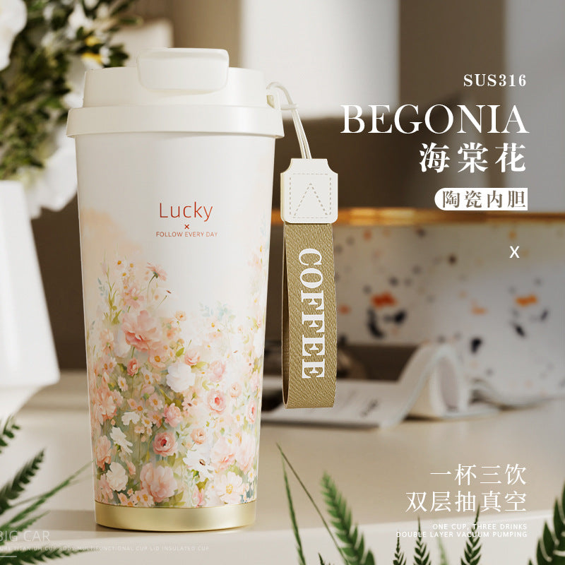 New Ceramic Thermos Coffee Cup for Girls, a Lucky Charm with High Aesthetic Value, Double Drinking Cup, Lily of the Valley Gift Cup