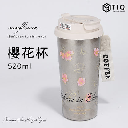Pure Titanium Insulated Cup with Strap, Coffee Cup, Car-Mounted One-Handed Opening Lid, Antibacterial and Fresh-Keeping Titanium Cup, Fully Titanium Car-Mounted Portable