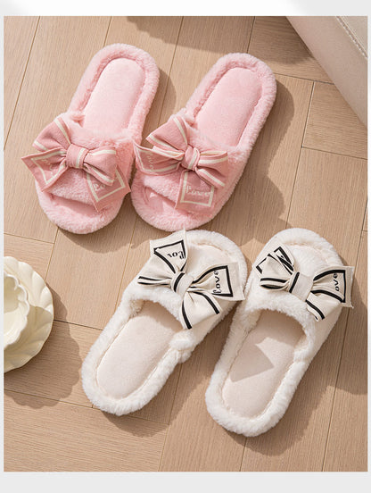 Foreign Trade Cross-Border Open-Toe Furry Bow Women's Indoor Home Wooden Floor Four-Season Furry Slippers