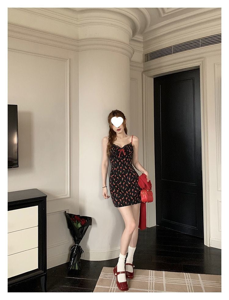 Plus Size Fat mm French Sweet Sexy Sweet Contrasting Suspender Skirt Women's Summer Red Cardigan + Floral Skirt Two-Piece Set