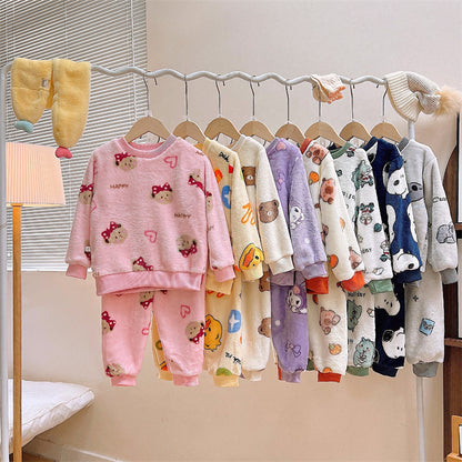 Men's and Women's Flannel Pajamas suit Autumn and Winter Middle and Big Children's Warm fleece-lined Thickened Autumn Clothes and Pants Home Clothes