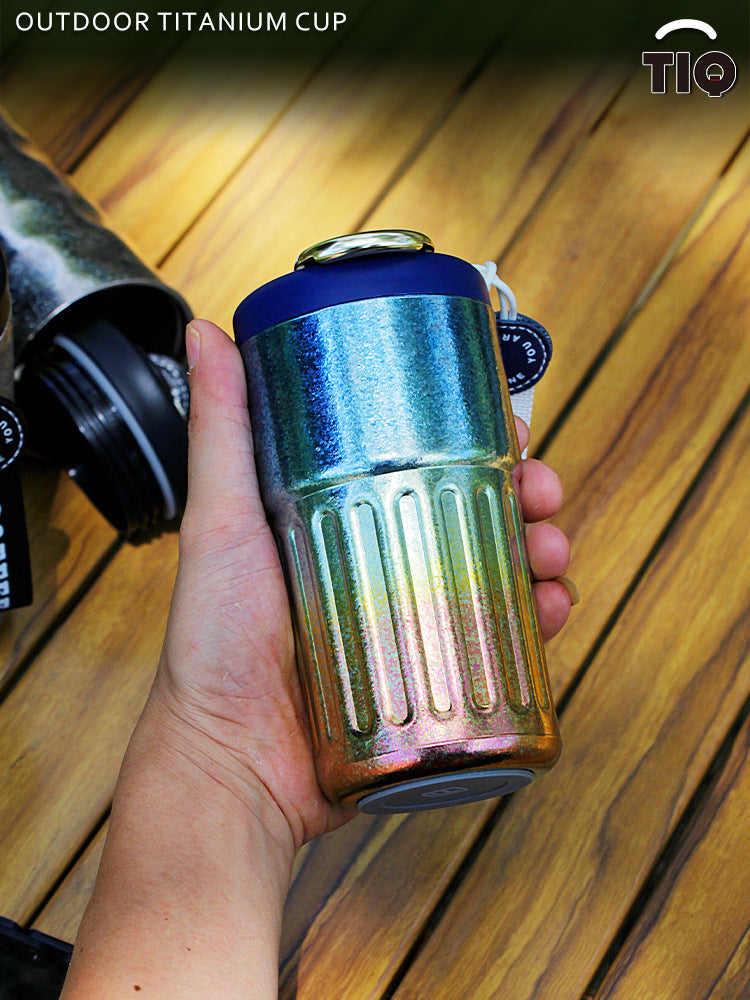 Pure Titanium Insulated Cup with Strap, Coffee Cup, Car-Mounted One-Handed Opening Lid, Antibacterial and Fresh-Keeping Titanium Cup, Fully Titanium Car-Mounted Portable