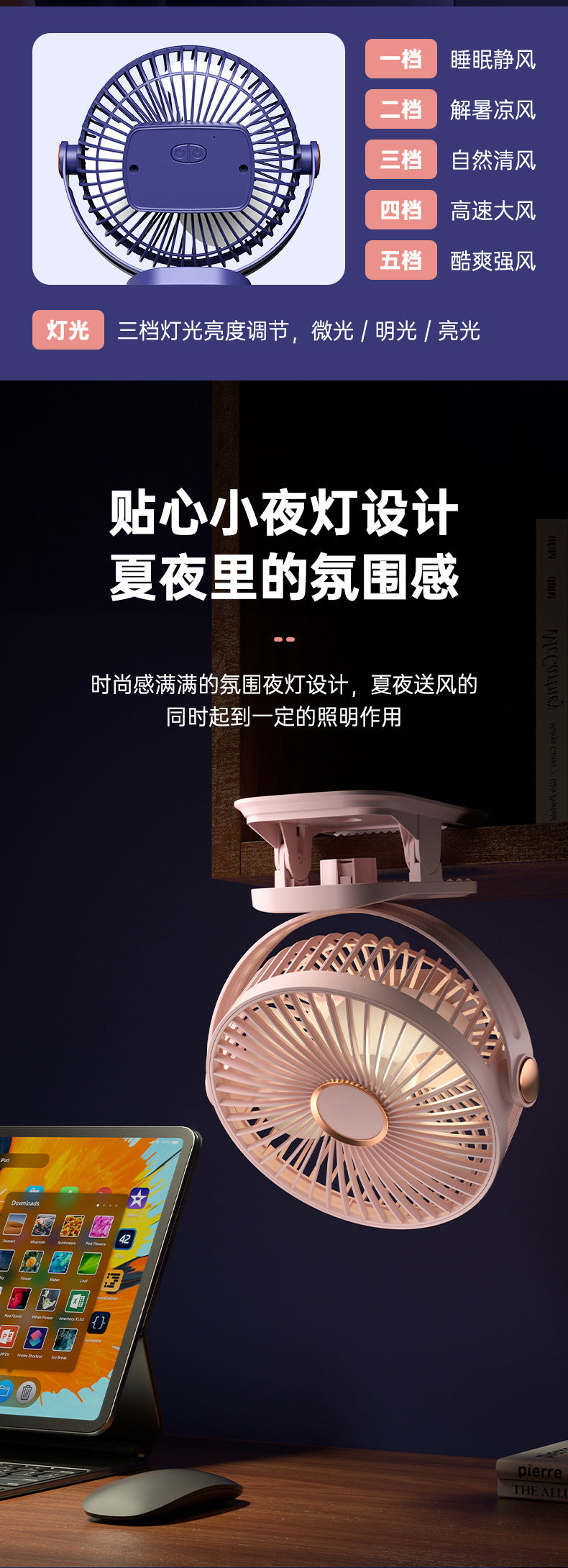 Four-In-One Multifunctional Clip Fan Light USB Charging Student Dormitory Night Light Clip Fan Desktop Mini