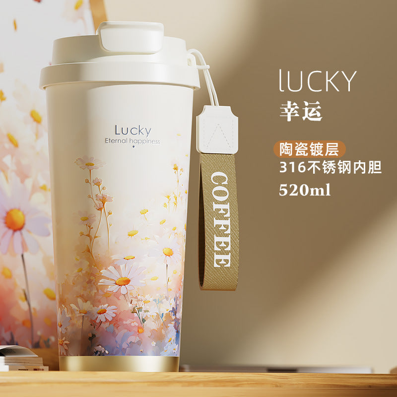 New Ceramic Thermos Coffee Cup for Girls, a Lucky Charm with High Aesthetic Value, Double Drinking Cup, Lily of the Valley Gift Cup