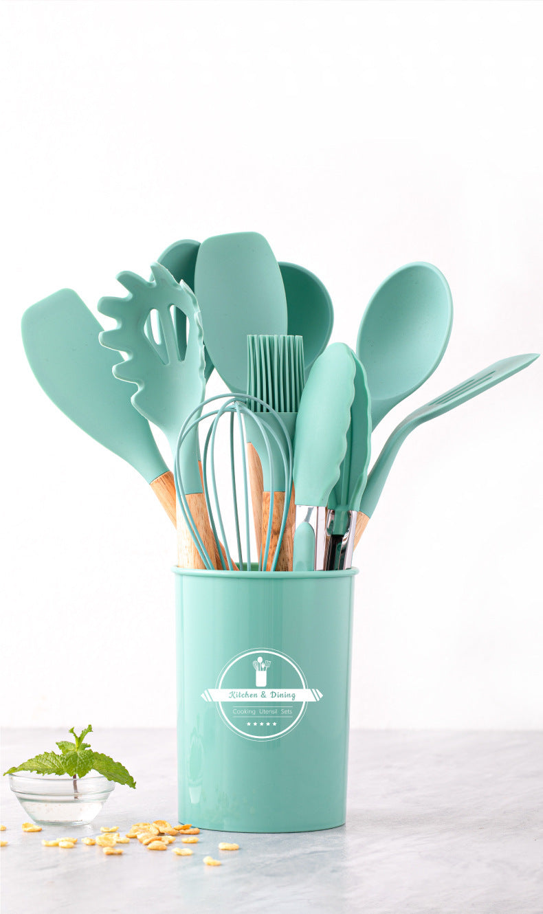 Wholesale Wooden Handle Silicone Kitchenware 12 Pieces suit Household Non-Stick Cooking High Temperature Resistant Cooking Silicone Spoon suit