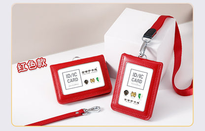 Work Card Case Detached Double Card Position Genuine Leather Folding Card Case Chest Card Lanyard Access Control Card Student School Card Rice