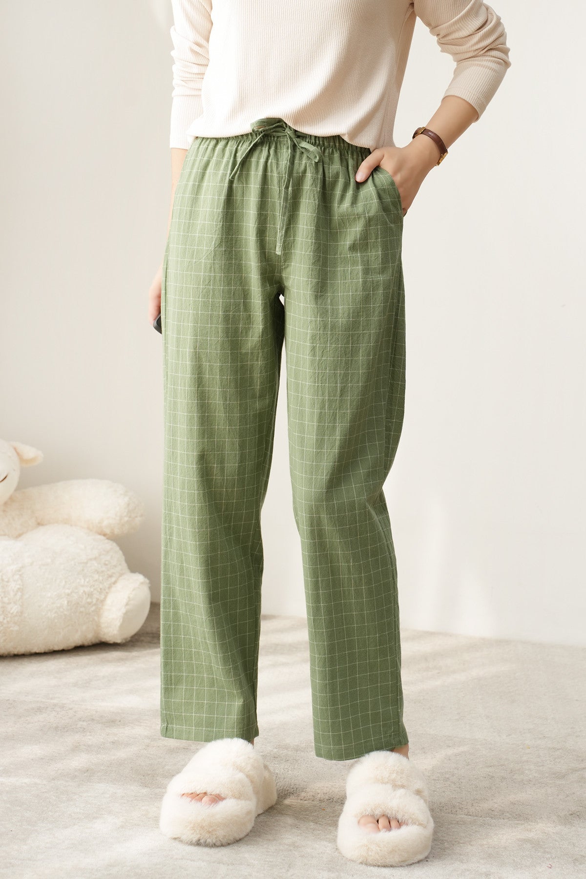 Couple Style Washed Home Pants for Men and Women, Pure Cotton Plaid Pajama Pants, Living Pants, Spring and Autumn Style, Japanese Warehouse Available for Wholesale