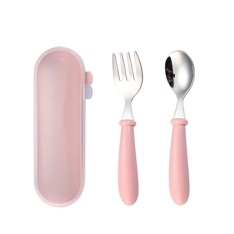 Children's 304 stainless steel fork spoon suit baby complementary food training eating spoon portable feeding tableware spoon
