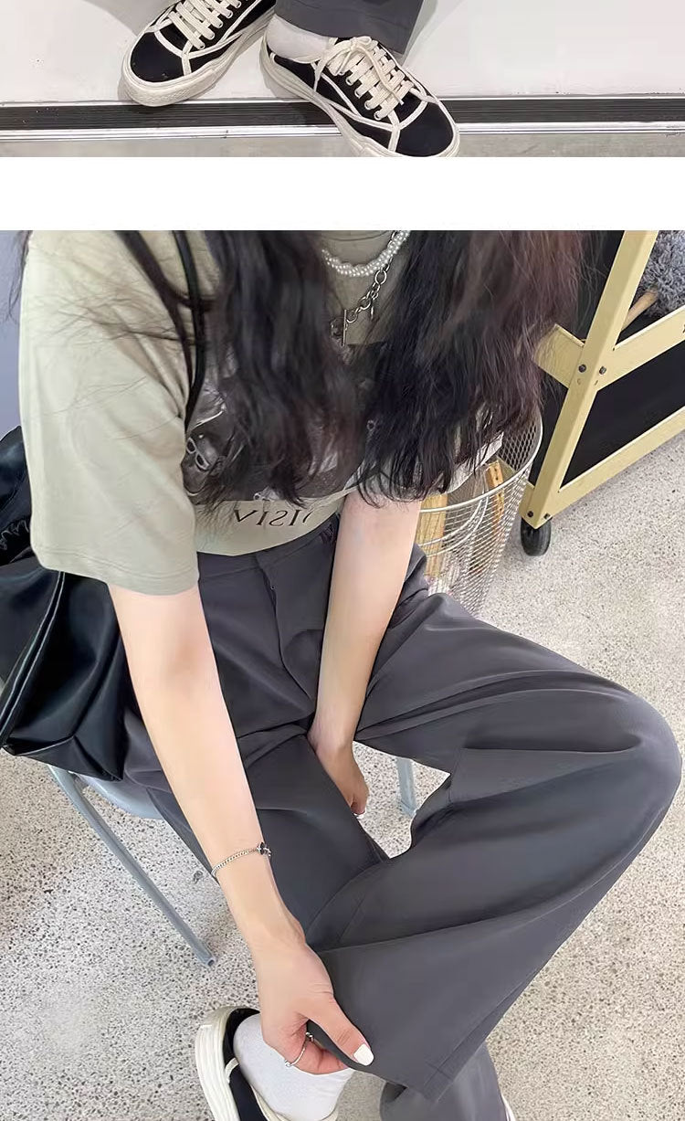 Gray Suit Pants for Women Spring and Summer New High-Waisted Double Pleated Slim Floor-Length Trousers Casual Straight Wide-Leg Pants