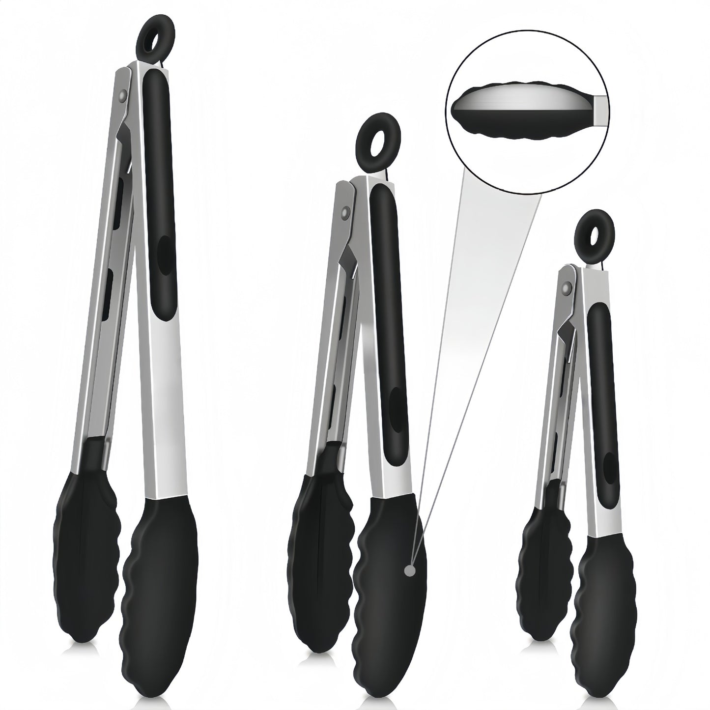 Cross-Border Black Silicone Clips, High Temperature Resistant Kitchen Food Frying Stainless Steel Fried Steak Clips, Special Food Clips for Cooking