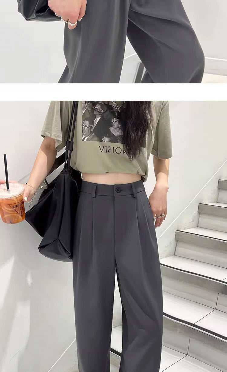 Gray Suit Pants for Women Spring and Summer New High-Waisted Double Pleated Slim Floor-Length Trousers Casual Straight Wide-Leg Pants