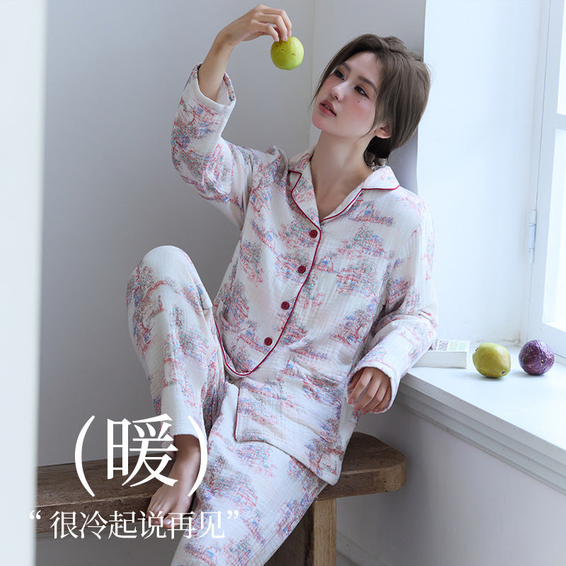 New Cotton Thickened Edge Four-Layer Gauze Women's Pajamas Cotton Warm Long-Sleeved Home Clothes for Autumn and Winter suit