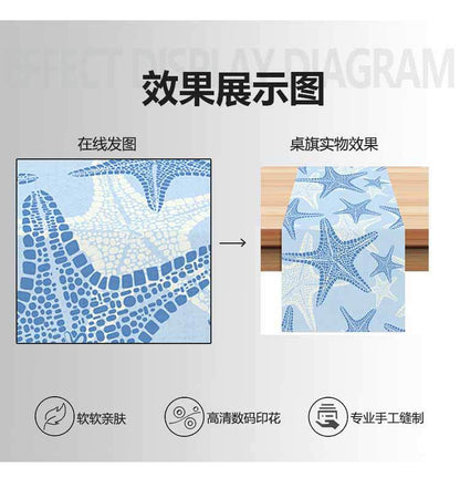 Cross-border New Blue Bottom Starfish Table Runner Linen Printed Kitchen Dining Table Tablecloth Home Fabric Tablecloth Cushion Coffee Table Meal