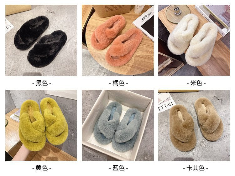 Foreign Trade Furry Slippers for Women 2025 Autumn and Winter New Korean Style Lazy Outer Wear Cross Thick-Soled Open-Toe Slippers for Outer Wear