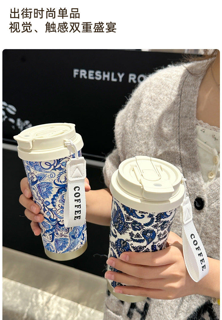 Factory Blue and White Porcelain Stainless Steel Overlord Tea Queen Flower Language Series Coffee Cup Portable Double Drinking Cup with Good Appearance