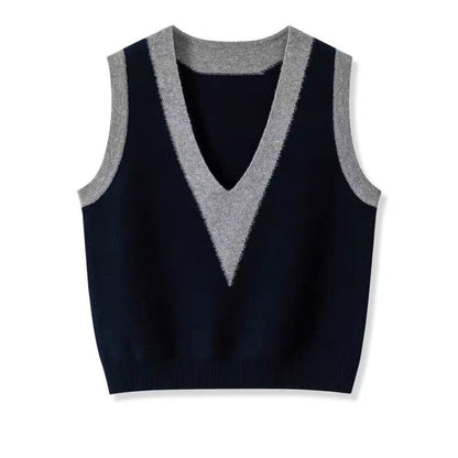 Woolen sweater knitted vest for women 2023 Autumn New sleeveless stacked color matching V-neck wool warm vest waistcoat