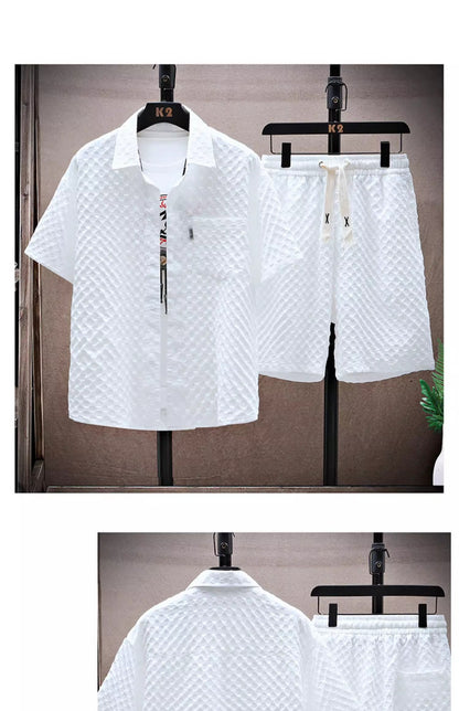 Thin sports leisure two-piece 2024 summer ice silk suit men's ruffian handsome fashion short sleeve shirt shorts set