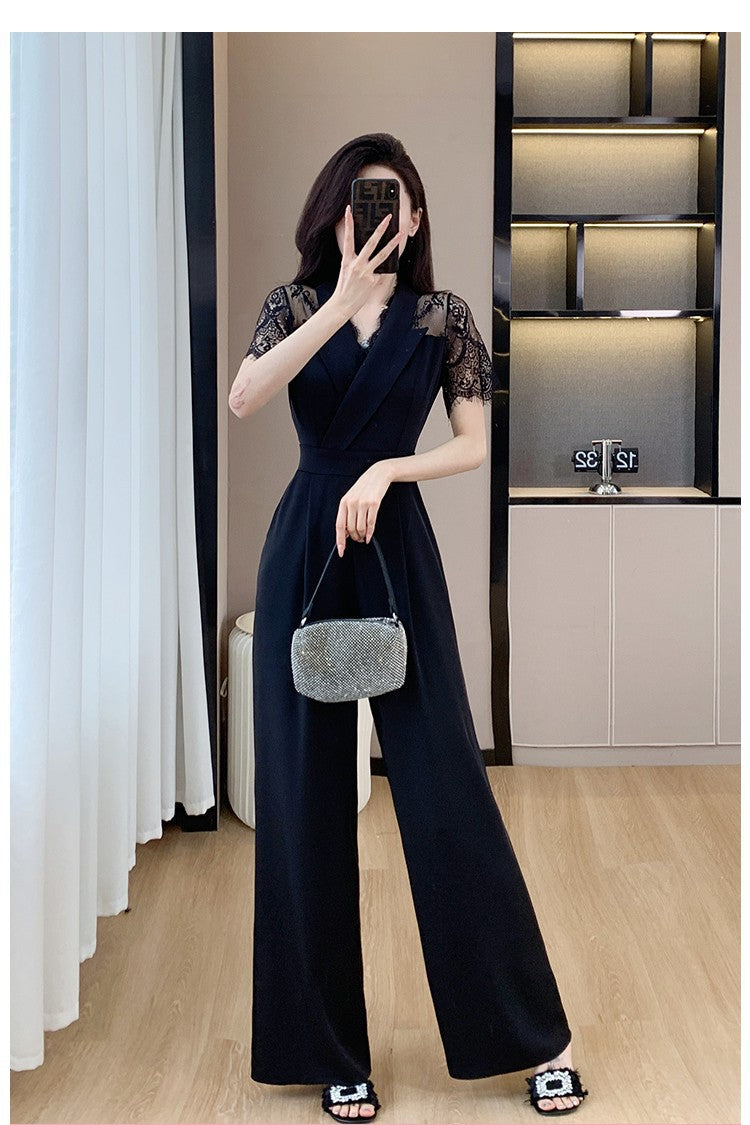 Cross-border High Leng Yujie Style Pants Women's Summer Short-sleeved High Waist Lace Stitching Hollow-out Pants Straight Pants