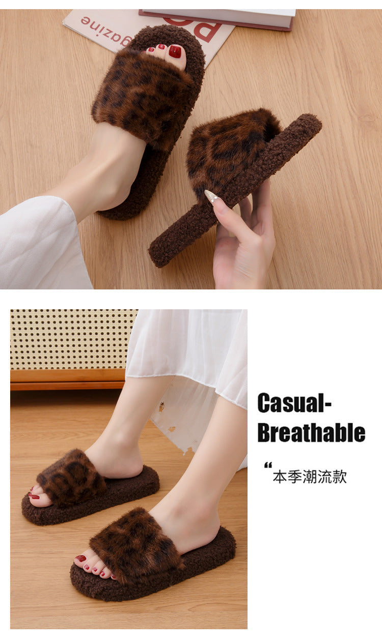 2025 Autumn and Winter Furry Slippers, Leopard Print, Retro Fashion, Home Lazy Soft Sole, Comfortable Home Slippers
