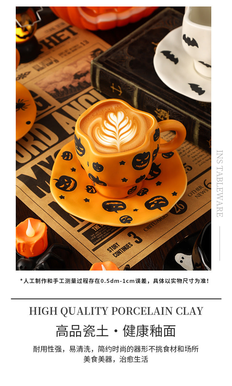 Creative Halloween-Themed Ceramic Cup and Saucer, Irregular Personalized Coffee Cup and Saucer with Pumpkin and Bat Patterns