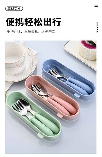 Children's 304 stainless steel fork spoon suit baby complementary food training eating spoon portable feeding tableware spoon