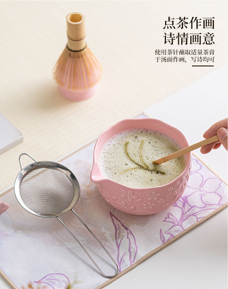 Directly Supplied from the Manufacturer, Exclusively for Cross-Border Trade, Ceramic Matcha Bowl Set with Embossed Cherry Blossom Design, 7-Piece Set with Spout, High Aesthetic Value, Color Box Packaging