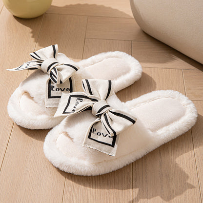 Foreign Trade Cross-Border Open-Toe Furry Bow Women's Indoor Home Wooden Floor Four-Season Furry Slippers