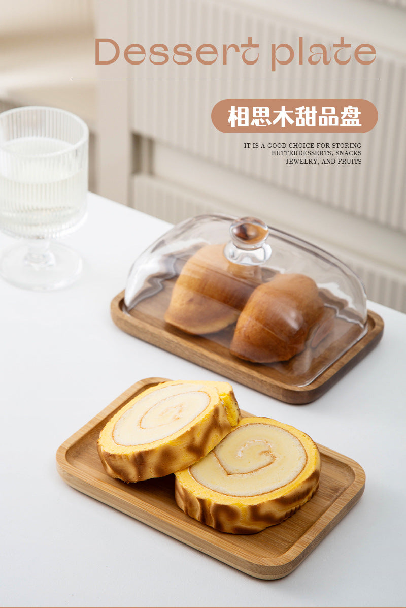 Bamboo and Wood Cake Plate Transparent Glass Display Dinner Plate Dessert Cake Western Food Plate with Table Cream Plate Cross-border Foreign Trade