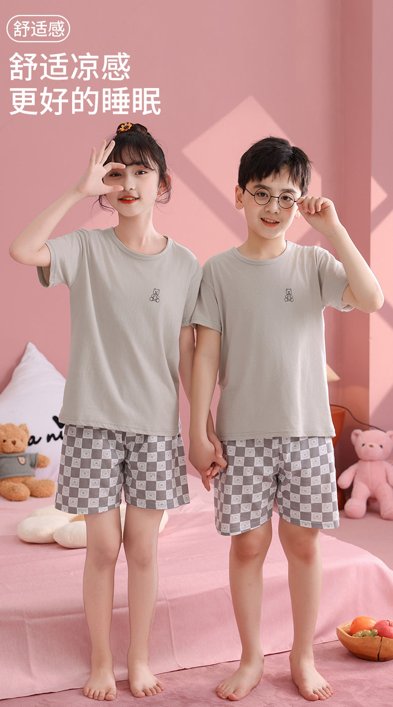 Children's Pajamas, Pure Cotton, Summer Short-Sleeved Shorts Set for Boys, Home Clothes for Girls, Air-Conditioned Clothes for Middle-Aged and Older Boys