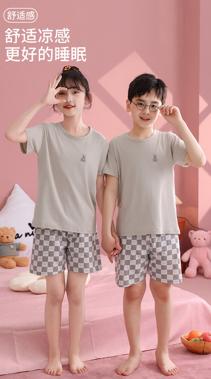 Children's Pajamas, Pure Cotton, Summer Short-Sleeved Shorts Set for Boys, Home Clothes for Girls, Air-Conditioned Clothes for Middle-Aged and Older Boys