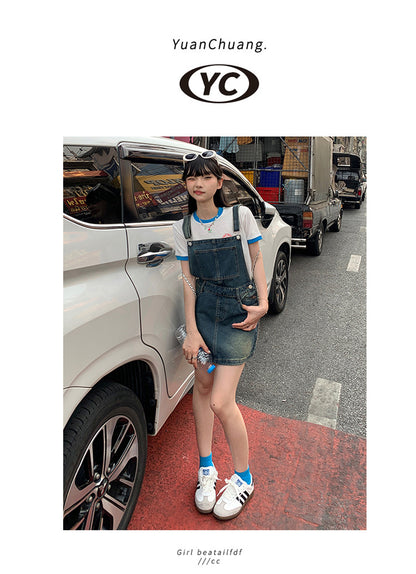 YC & American Retro Sweet Girl Strap Skirt A- line Skirt Slimming Joker dress Denim Skirt Spring and Summer