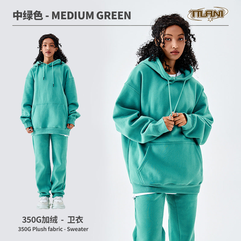 Tilani Men's Clothing European and American Trendy Brand High Quality 350g Fleece-Lined Thick Men's and Women's Hooded Sweatshirt and Sweatpants Pure Color Suit