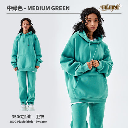Tilani Men's Clothing European and American Trendy Brand High Quality 350g Fleece-Lined Thick Men's and Women's Hooded Sweatshirt and Sweatpants Pure Color Suit