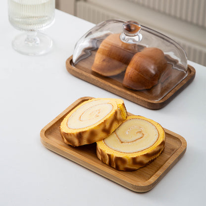 Bamboo and Wood Cake Plate Transparent Glass Display Dinner Plate Dessert Cake Western Food Plate with Table Cream Plate Cross-border Foreign Trade