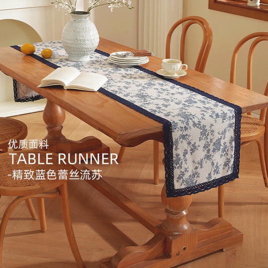 Vintage blue and white porcelain cotton and linen table flag tea flag sideboard cabinet shoe cabinet dustproof cover towel long tablecloth factory cross-border wholesale by PDG ibma