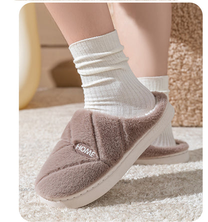Winter Cotton Slippers for Women, Fleece-Lined, Indoor, Non-Slip, Warm, Thick-Soled, Wear-Resistant, Essential for Home Use, Couple's Cotton Patchwork New Style