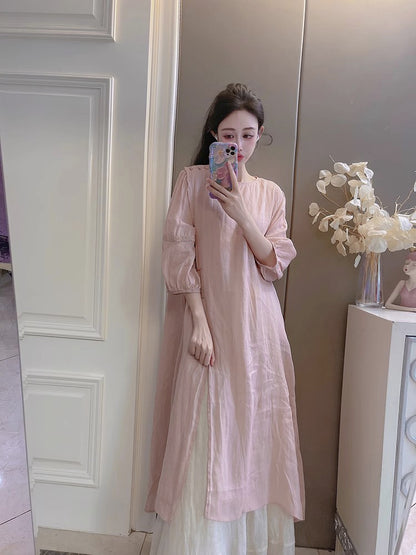 Summer New Style Quality Ramie Handmade Buckle Lace Lace Guofeng dress Double-Layer Skirt suit