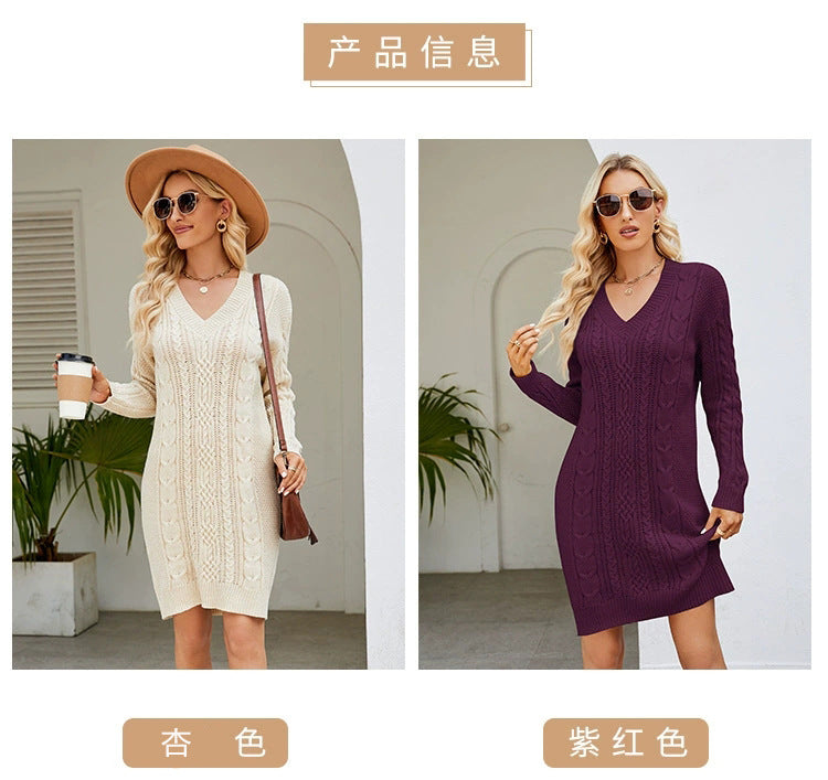 Cross-Border European and American Clothing Pure Color V Neck Long Sweater Dress Autumn and Winter Fashion Elegant Cable Bottoming Knitted Dress
