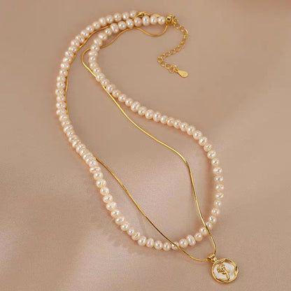 Natural Freshwater Non-nuclear Pearl Double Layer Overlapping Necklace Women's Mother-of-Fritillary Rose Pendant Gold Plated Sweet Light Luxury Set