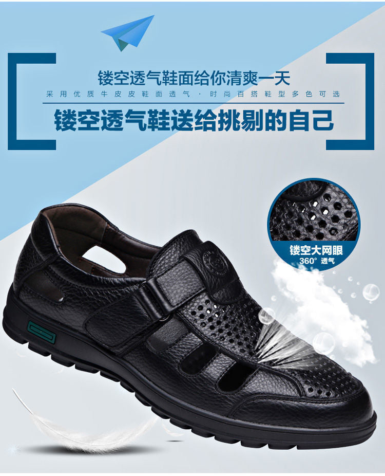 Leather cowhide special clearance shoes hollow leather sandals men's casual hole shoes middle-aged business dad shoes