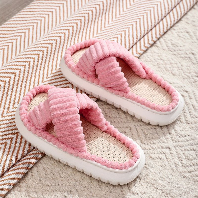 Cross-Border 2023 New Style Home Linen Slippers with a Stepping-On-Clouds Feel, Simple and Casual, Comfortable Lace Suede Women's Plush Slippers