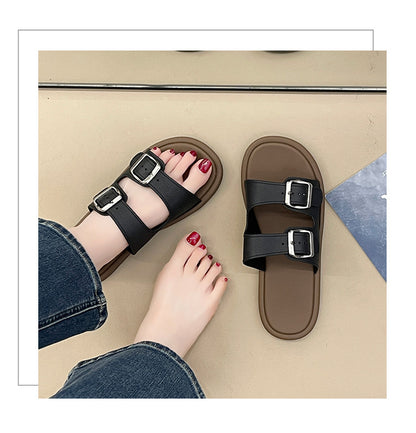 Cross-Border Slippers for Women Summer Flat Slippers Southeast Asia New Double Buckle Foreign Trade Fashion Outer Wear Beach Sandals