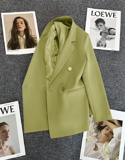 Green Metal Buckle Korean Style 2024 Spring and Autumn New Milk White Suit Jacket Women's Casual All-match High-end Suit