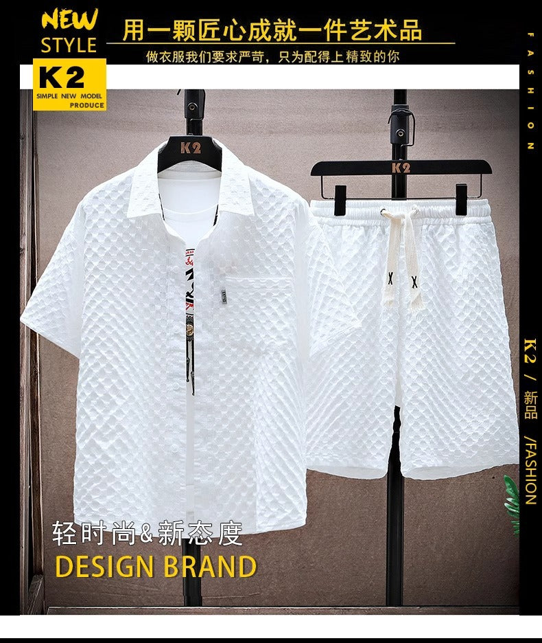 Thin sports leisure two-piece 2024 summer ice silk suit men's ruffian handsome fashion short sleeve shirt shorts set