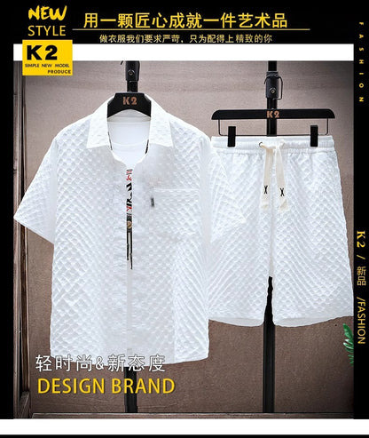 Thin sports leisure two-piece 2024 summer ice silk suit men's ruffian handsome fashion short sleeve shirt shorts set