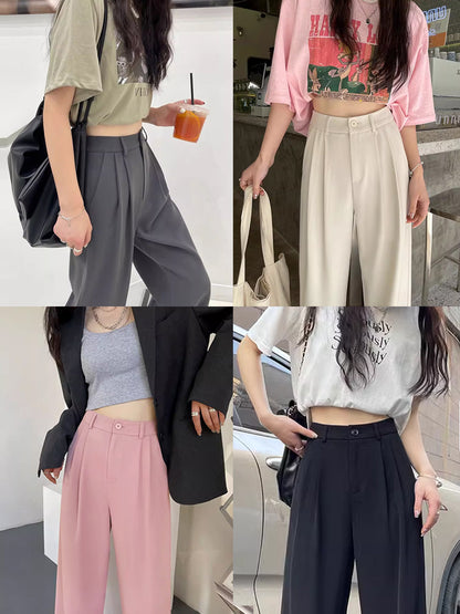 Gray Suit Pants for Women Spring and Summer New High-Waisted Double Pleated Slim Floor-Length Trousers Casual Straight Wide-Leg Pants