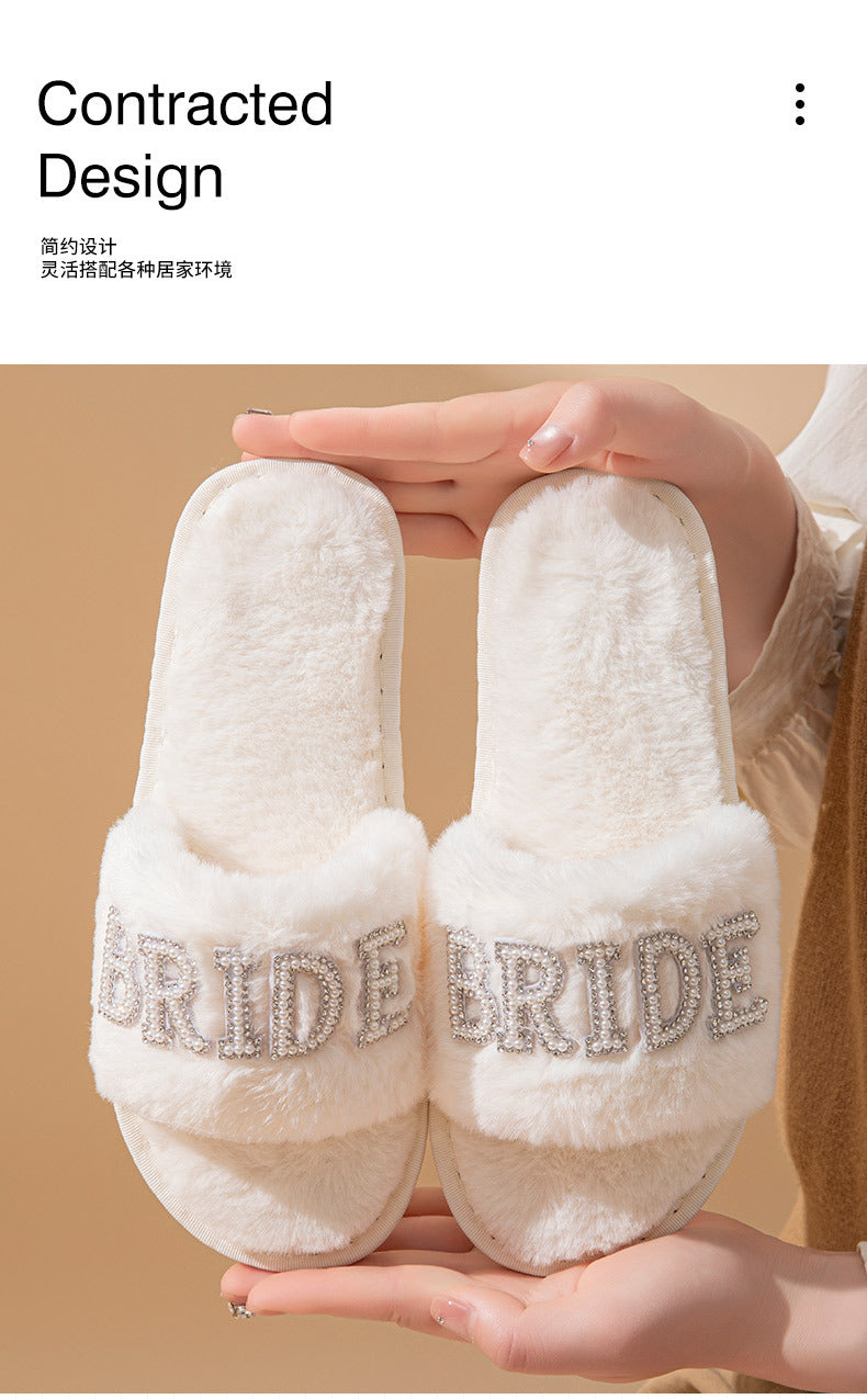 Beide Mrs Ido Pearl Letter Stuffed Slippers Wedding Party Bridal Fur Slippers Cross-Border Popular Cotton Slippers